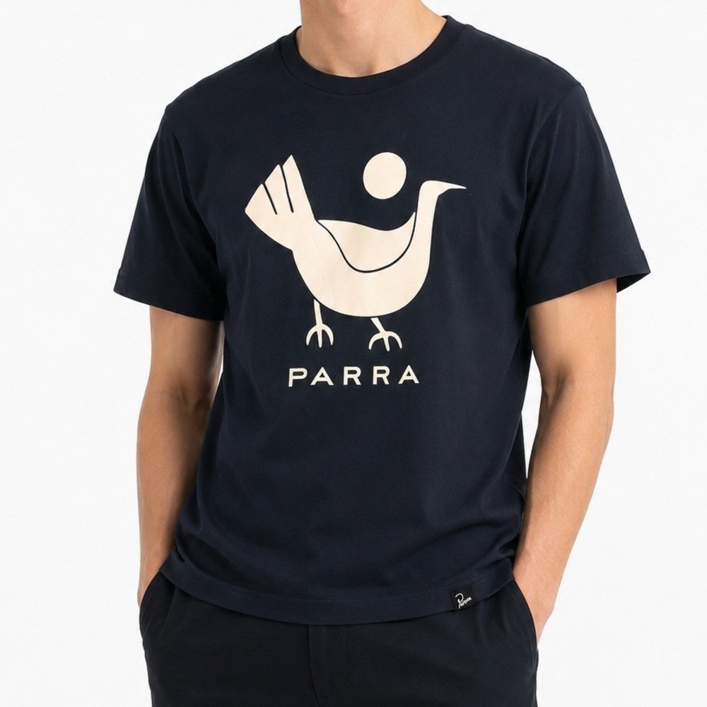 by Parra Bird Logo Graphic T Shirt Navy 100% Cotton Made Portugal Men's Small